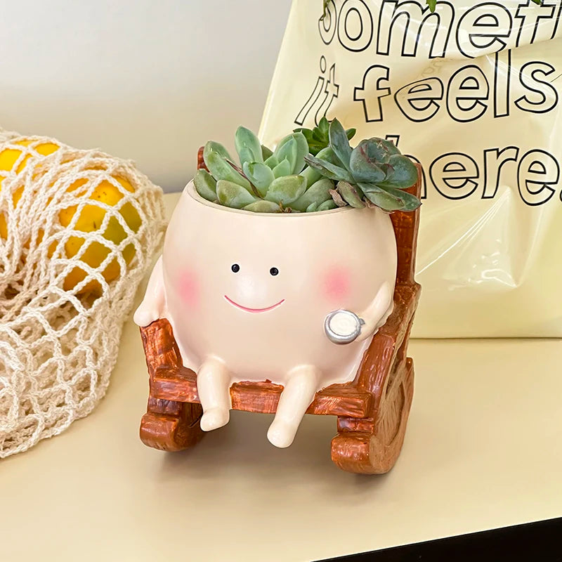Stylish Cute Cartoon Ghost Resin Succulent Planter Pot Rocking Chair Shaped Flower Pot for Home Office Desk Decor Gift Idea