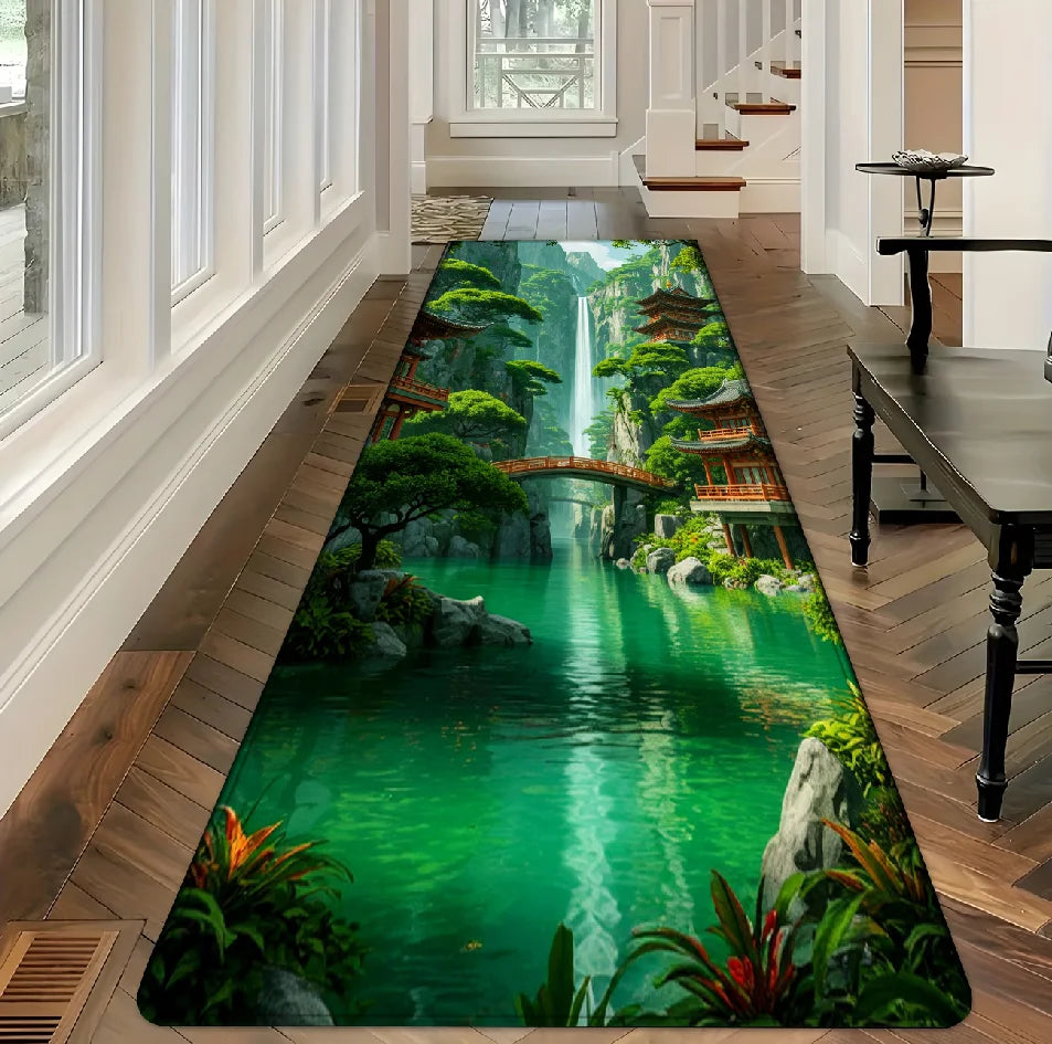 1pc 3D Japanese Garden Waterfall Runner Rug Non Slip Floor Mat for Hallway Entryway Kitchen Bathroom Laundry Room Home Decor