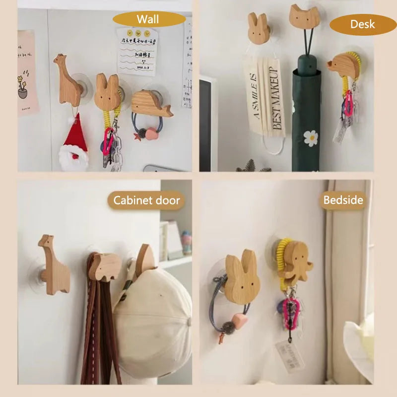 Cute Wall Wooden Hooks Children's Room Animal Hook Wall Keychain Coat Hook Home Decoration Solid Wood Hook Hanger Kitchen Access
