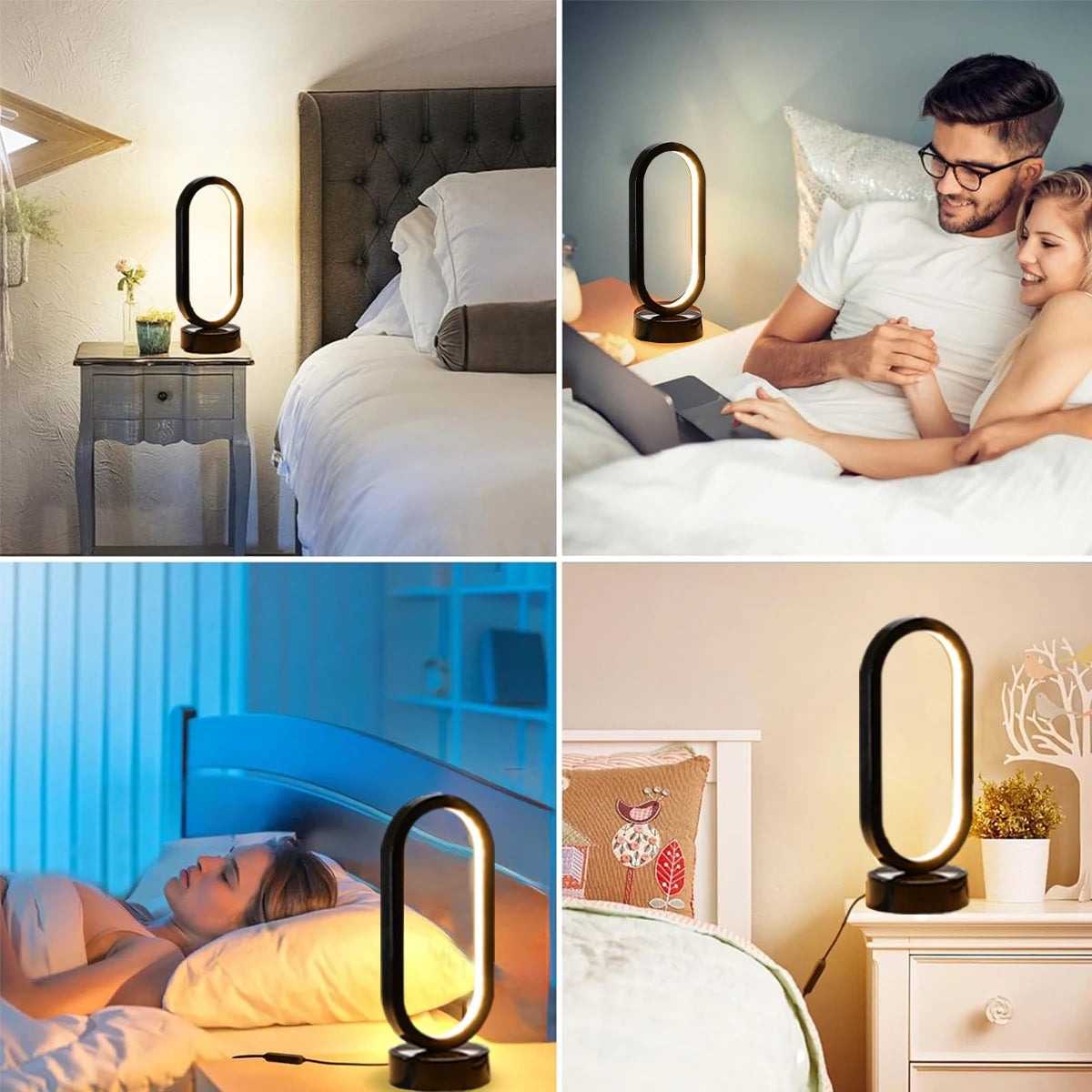 Modern LED Oval Slim Nightstand Bedside Ring Lamp 3 Color Temperatures Dimmable USB Powered Soft Table Night Light for Bedroom Living Room Kids Room Home Office Study Reading Nursery