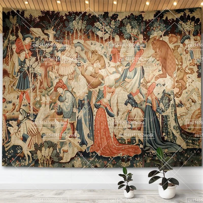 Medieval Unicorn Tapestry Wall Hanging For Home Decor Paintings Retro Hippie Tapestries Aesthetic Background Yoga Meditation