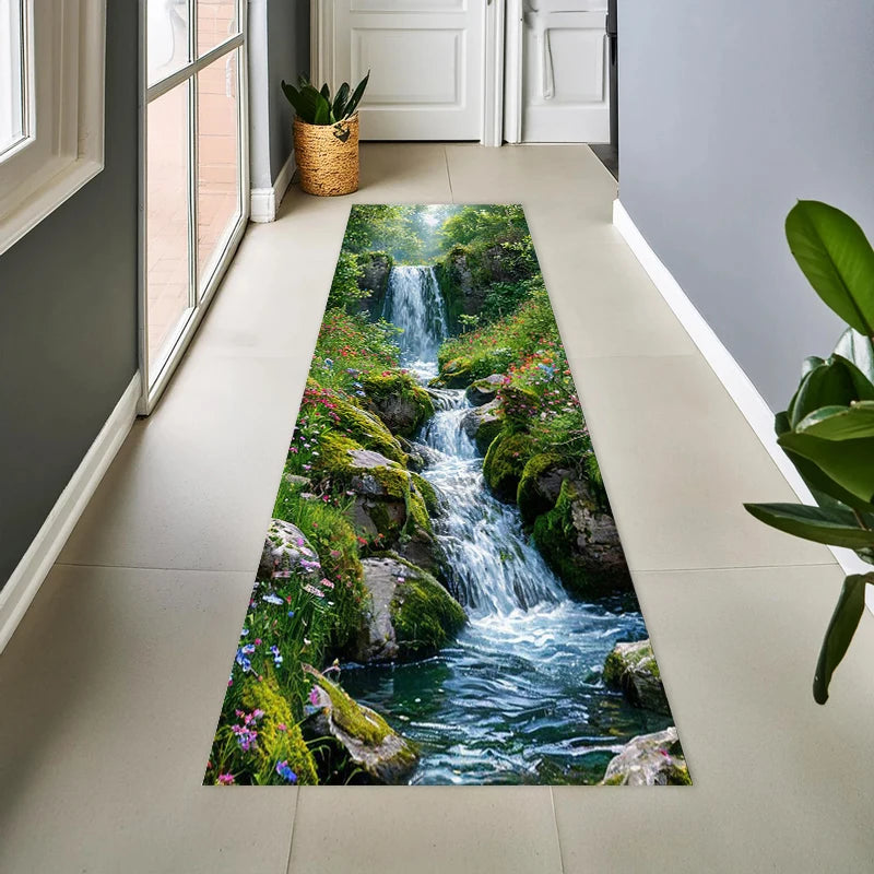 2D Mountain Stream Carpet Non-slip Floor Mat Realistic Landscape Rug Perfect for Home Decor Hallway Living Room Bedroom