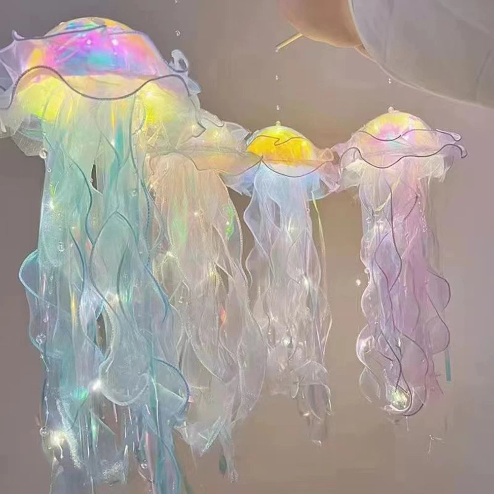 Jellyfish Colorful Nightlight Button Battery Hanging Ceiling Lantern with Ribbon&Bead LED Bulbs for Children Bedroom