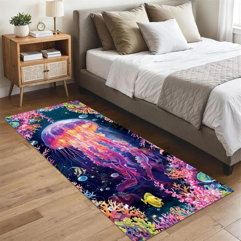 Ocean Theme Runner Rug 3D Vision Coral Reef Fish Starfish Jellyfish Printed Non-Slip Carpet for Hallway Living Room Floor Decor