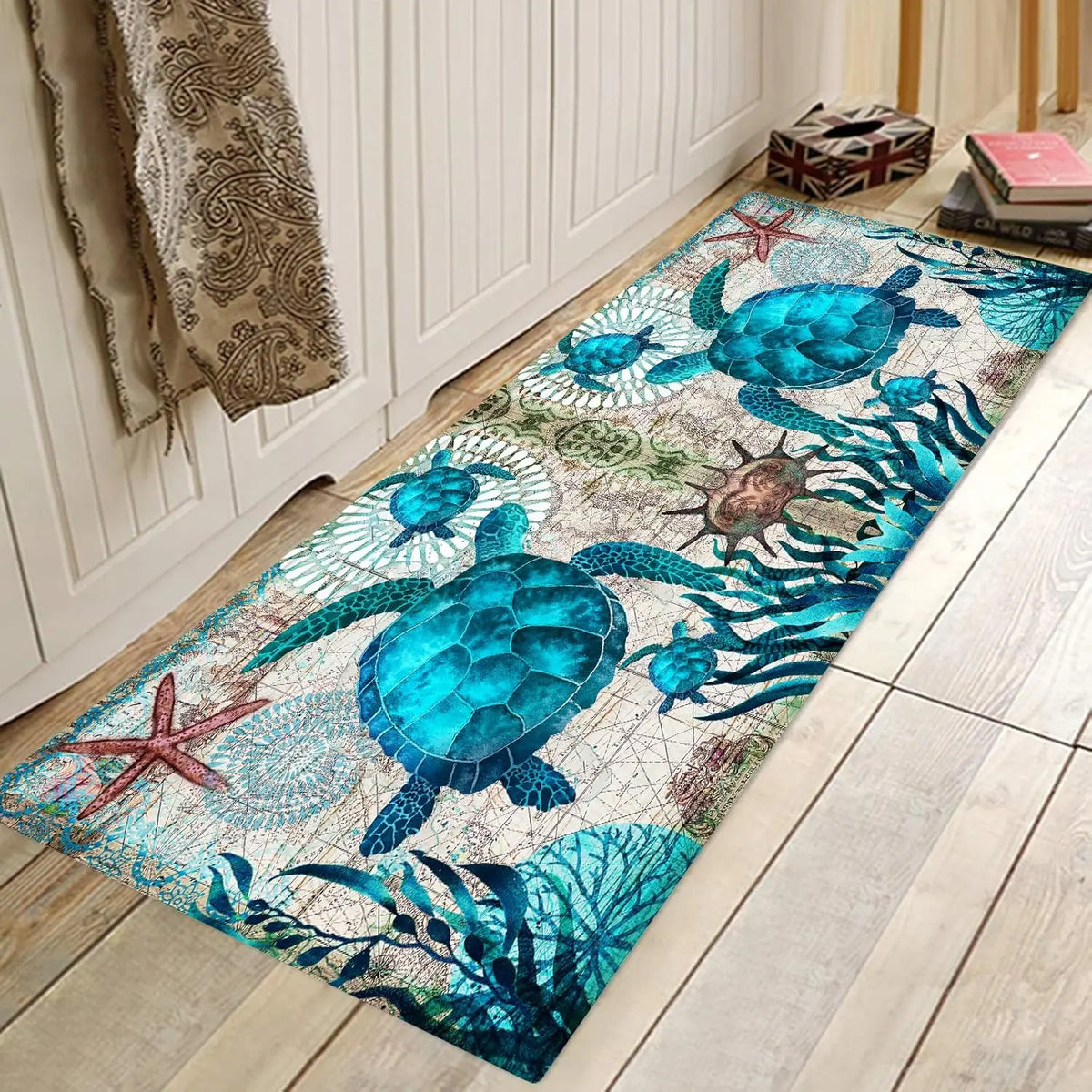 Coastal Sea Turtle Ocean Life Runner Rugs Decor Kitchen Hallway Balcony Floormat Bedroom Entrance Doormat Bath Non-Slip Foot Pad