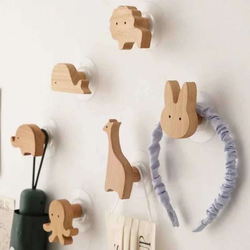 Cute Wall Wooden Hooks Children's Room Animal Hook Wall Keychain Coat Hook Home Decoration Solid Wood Hook Hanger Kitchen Access
