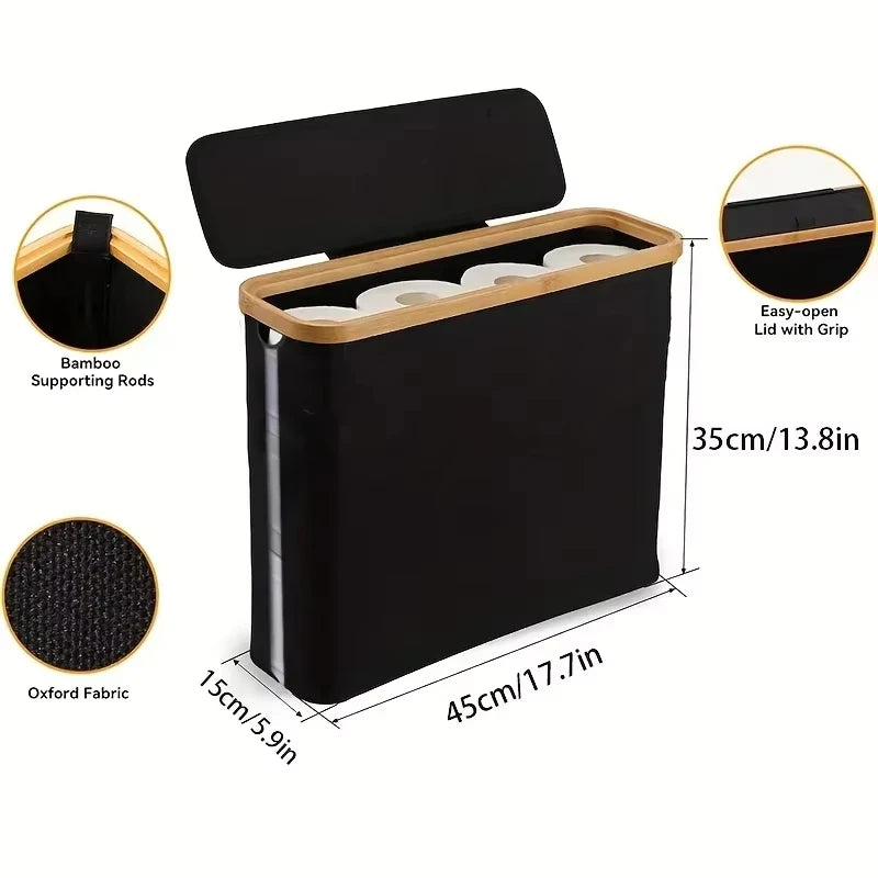 1 Storage Basket, Storage Shelf, Large Paper Holder, 12 Rolls of Toilet Paper, Storage Rack with Lid, Oxford Cloth + Bamboo Stor