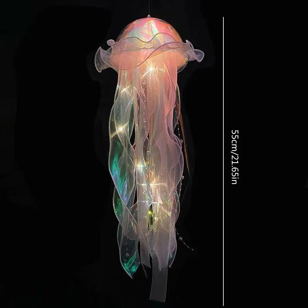 Jellyfish Colorful Nightlight Button Battery Hanging Ceiling Lantern with Ribbon&Bead LED Bulbs for Children Bedroom