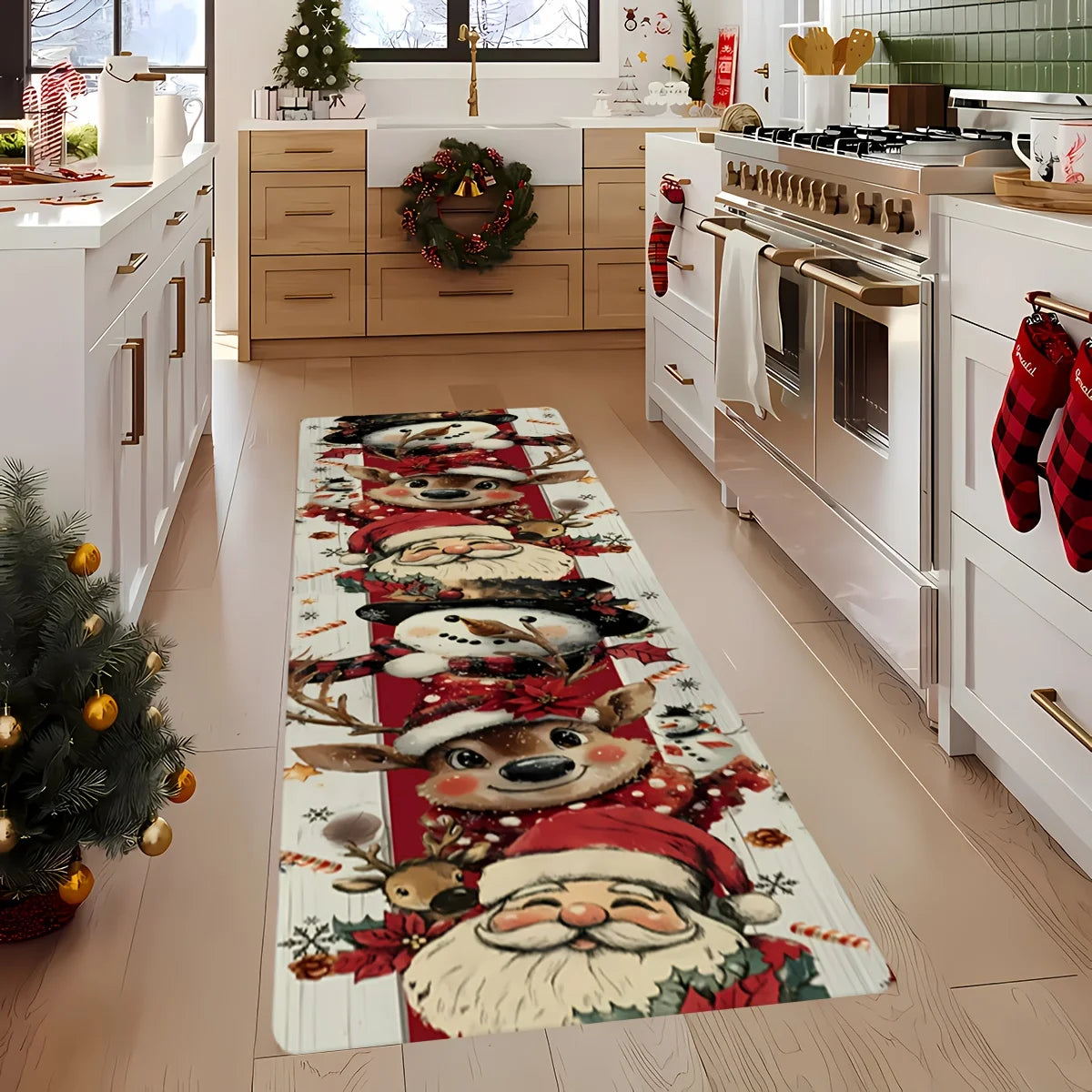 Extra-Long Red & Golden Christmas Runner Mat Long Christmas Runner Rugs Washable Balcony Carpet Home Decor Floor Mat for Hallway