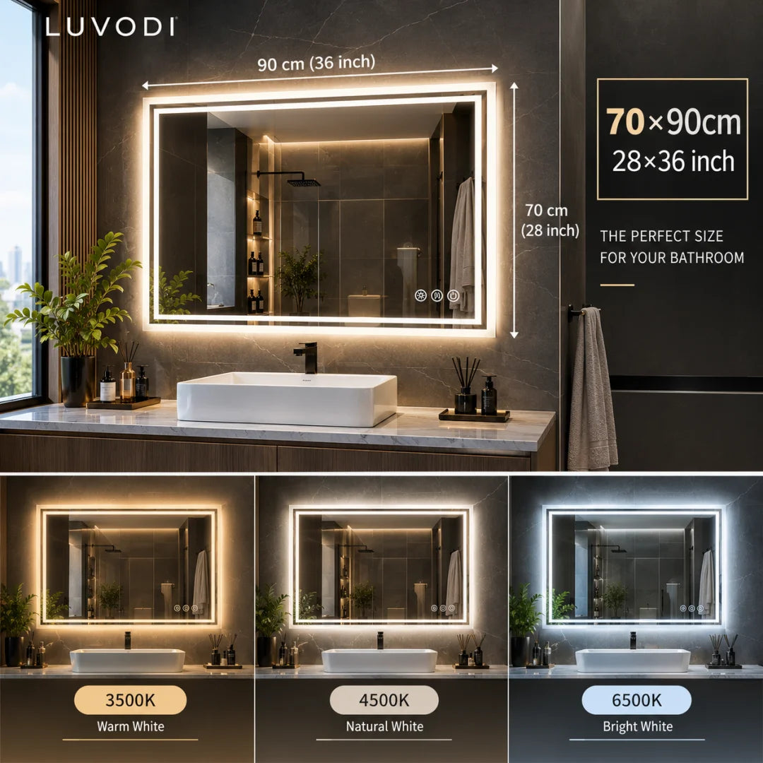 LUVODI LED Bathroom Mirror, Frameless Backlit Vanity Mirror, Dimmable 3-Color Light, Anti-Fog, Touch Sensor