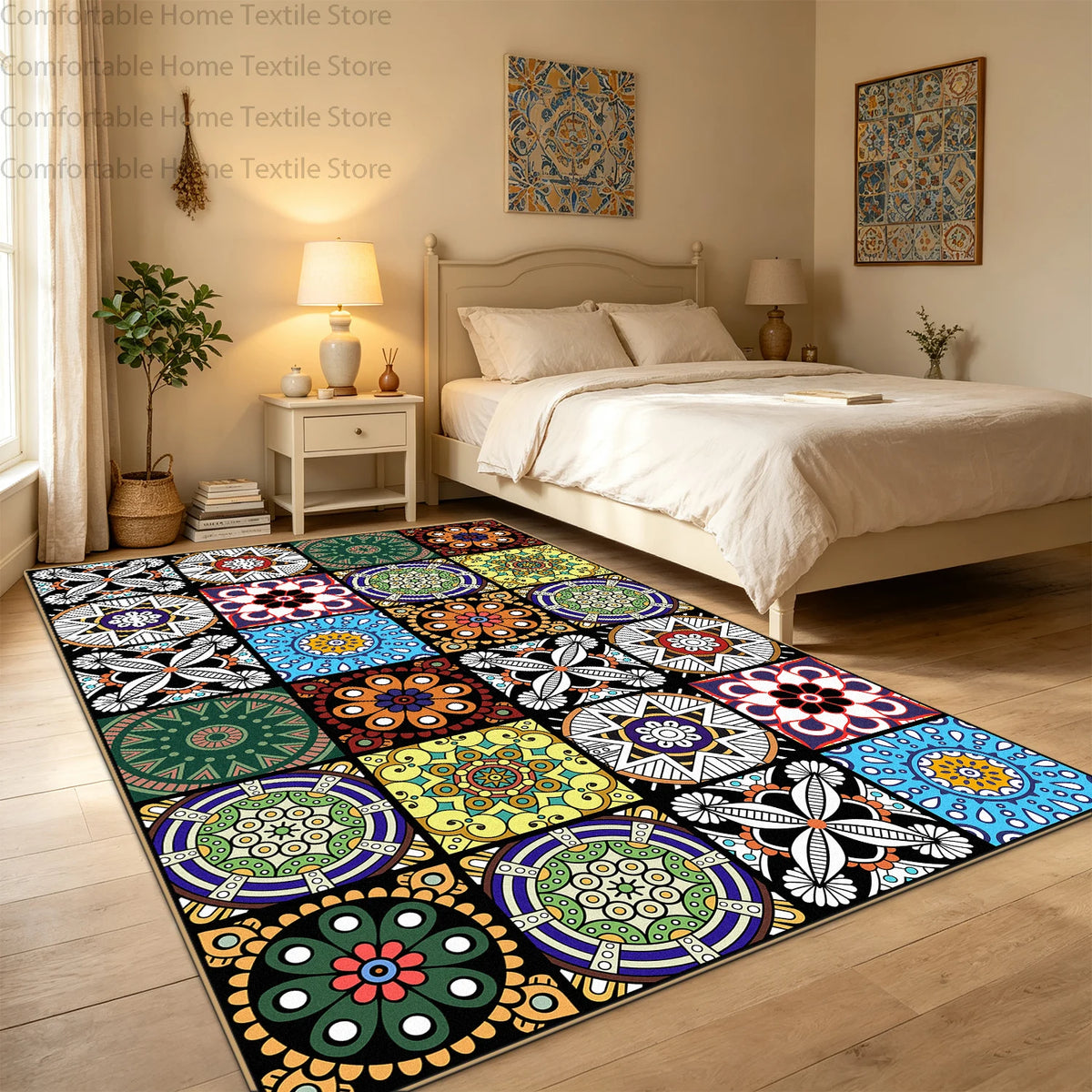 Bohemian Geometric Abstract Style Big Size Rugs for Bedroom Soft Easy Clean Cloakroom Carpet Machine Washable Foldable Patio Mat