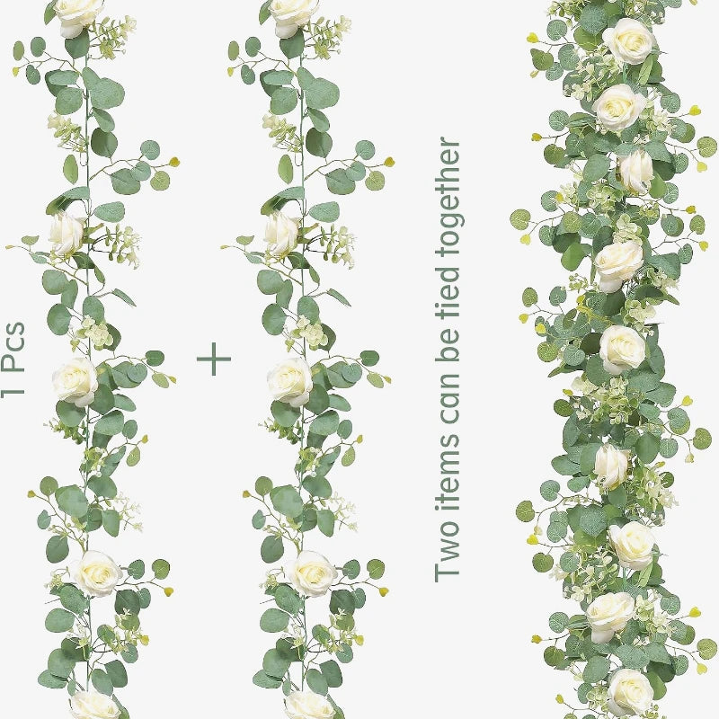 180cm Artificial Eucalyptus Garland with White Flowers for Home Festival Wall Hanging Garden Wedding Backdrop Arch Party Decor