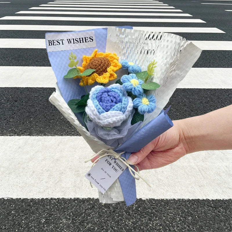 Knitted Flower Bouquet Crochet Rose Flowers Hugging Bucket New Year Gifts Living Room Desk Decoration Mother's Day Gift