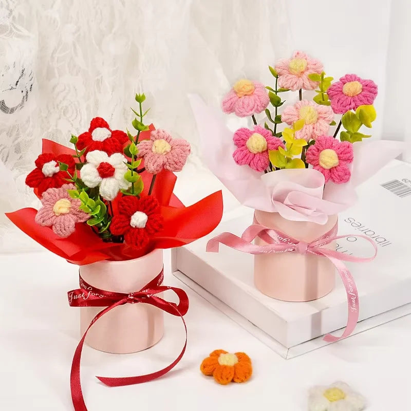 Knitted Flower Bouquet Crochet Rose Flowers Hugging Bucket New Year Gifts Living Room Desk Decoration Mother's Day Gift