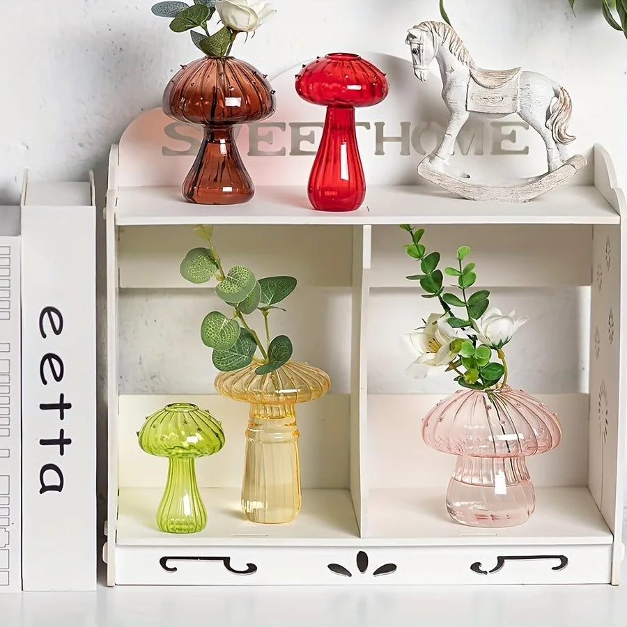 Transparent Glass Mushroom Vase - Hydroponic Planter for Home & Garden, Cute Round Pot Summer Plants Battery-Free