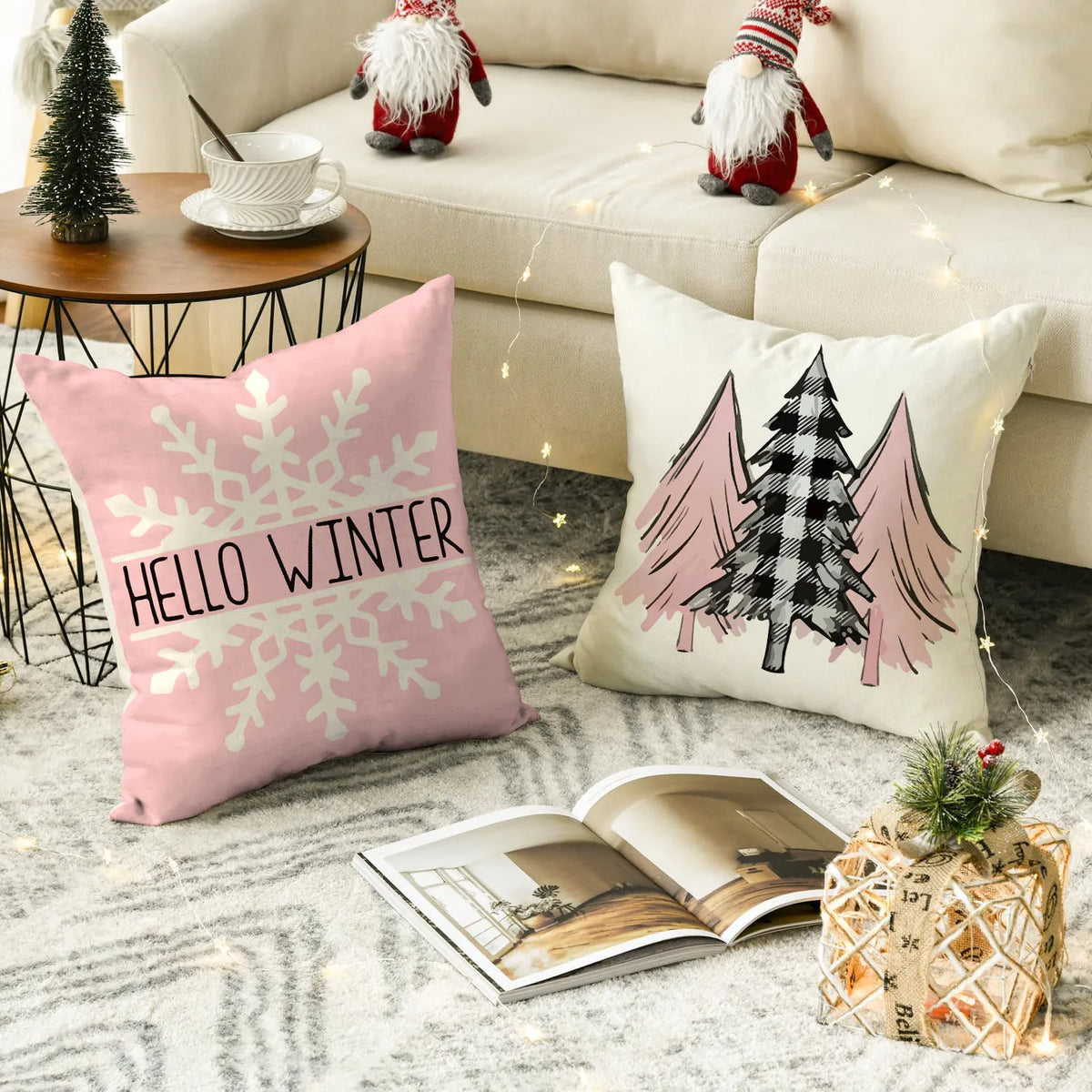 1/4pcs Christmas Pillow Cover, Pink Printed Cushion Cover, Farmhouse Decorative Sofa, Christmas Decoration (without Pillow Core)