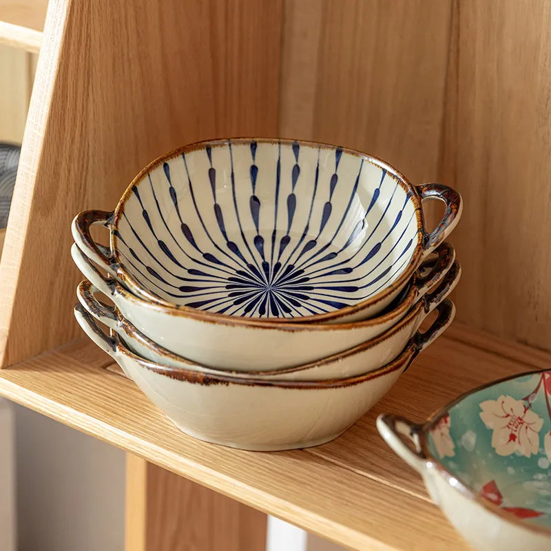 7.5inch Household Noodle Bowl Ceramic Soup Bowl With Handle Salad Pasta Bowl Kitchen Tableware Microwave Oven Bakware