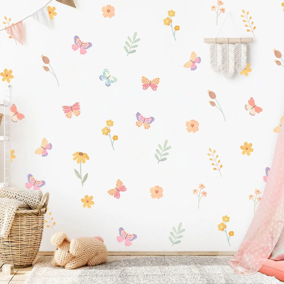 Watercolor Butterfly Flowers Cartoon Wall Sticker Child Room Girls Room Decal Kids Baby Room Bedroom Nursery Vinyl Home Decor