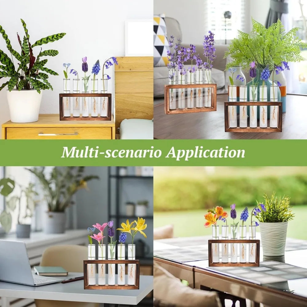 3/5 Tubes Wall Hanging Hydroponic Plant Propagation Glass Vase with Wooden Stand Desktop for Home Office Planter Garde Decor