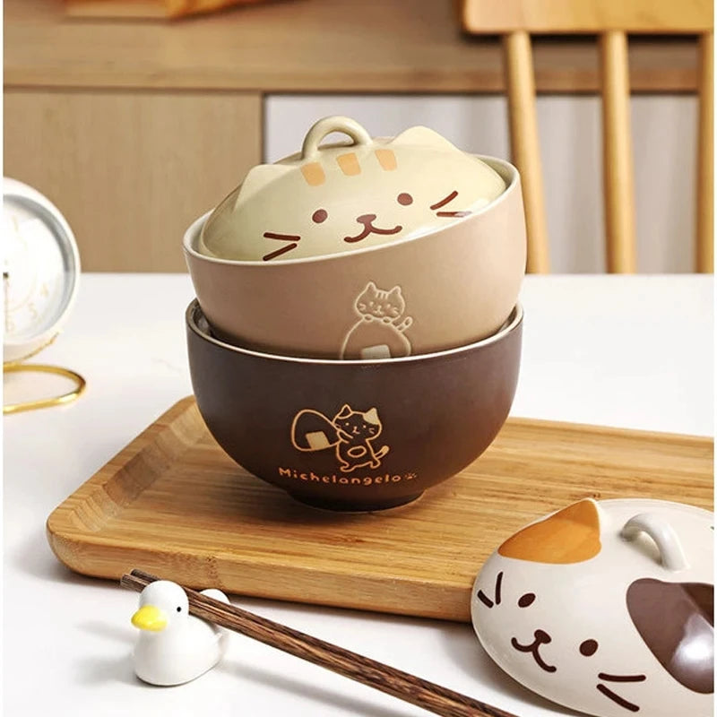 Cartoon Cat Ceramic Instant Noodle Bowl With Lid Underglaze Color Soup Salad Bowl Kitchen Office Student Lunch Box 550ml