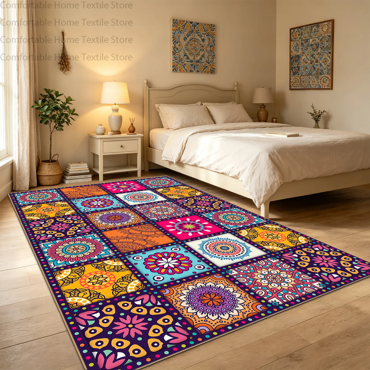 Bohemian Geometric Abstract Style Big Size Rugs for Bedroom Soft Easy Clean Cloakroom Carpet Machine Washable Foldable Patio Mat