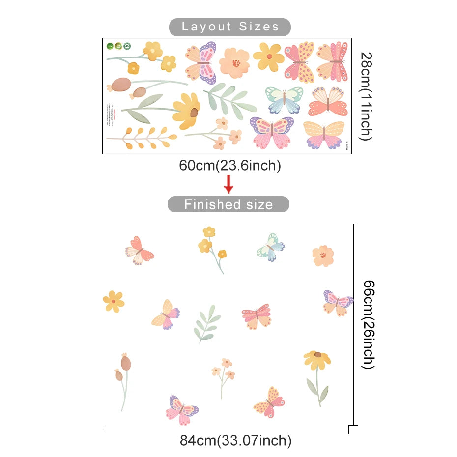 Watercolor Butterfly Flowers Cartoon Wall Sticker Child Room Girls Room Decal Kids Baby Room Bedroom Nursery Vinyl Home Decor