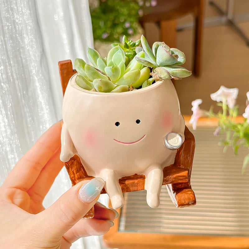Stylish Cute Cartoon Ghost Resin Succulent Planter Pot Rocking Chair Shaped Flower Pot for Home Office Desk Decor Gift Idea