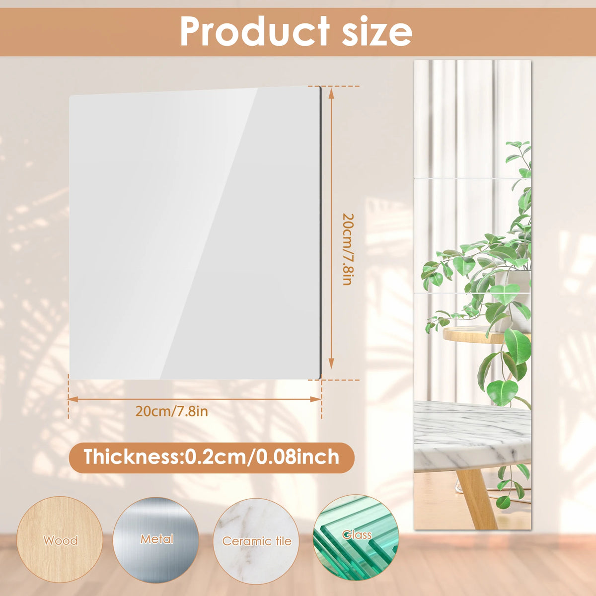 4/8Pcs Acrylic Mirrors Set Self Adhesive Mirror Tiles 2mm Thick Flexible Unbreakable Mirror Sticker Square Mirror Wall Stickers