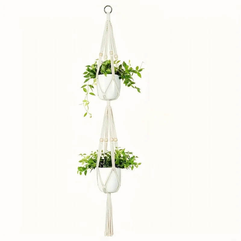 1pc, Macrame Double Plant Pendant Indoor Outdoor, 2 Tier/3Tier Hanging Planter Basket Cotton Rope With Beads 49 Inches/70 Inches