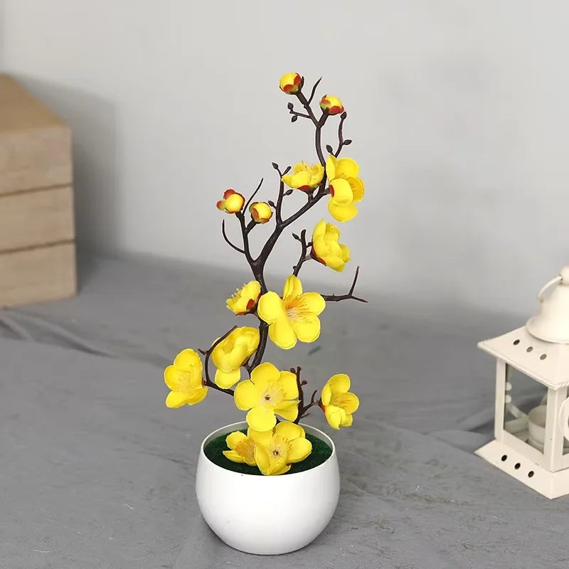 Artificial Plum Blossom Potted Plant, Fake Wintersweet Flower Bonsai for Home Tabletop Decor Chinese Style Floral Ornament
