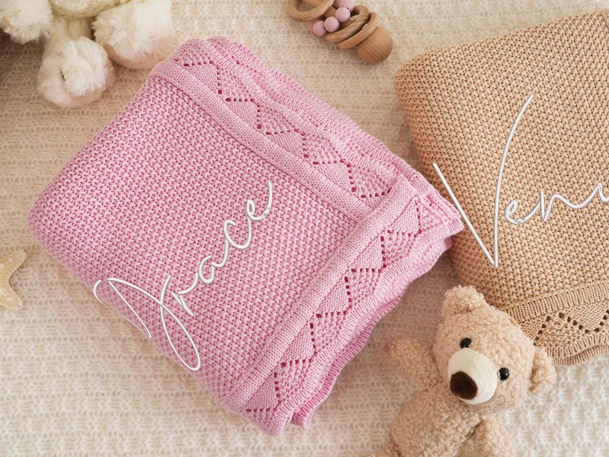Personalized Knitted Blanket Embroidered Name Baby Boy Girl Soft Blanket Baby Shower Breathable Stroller Blanket Birthday Gift