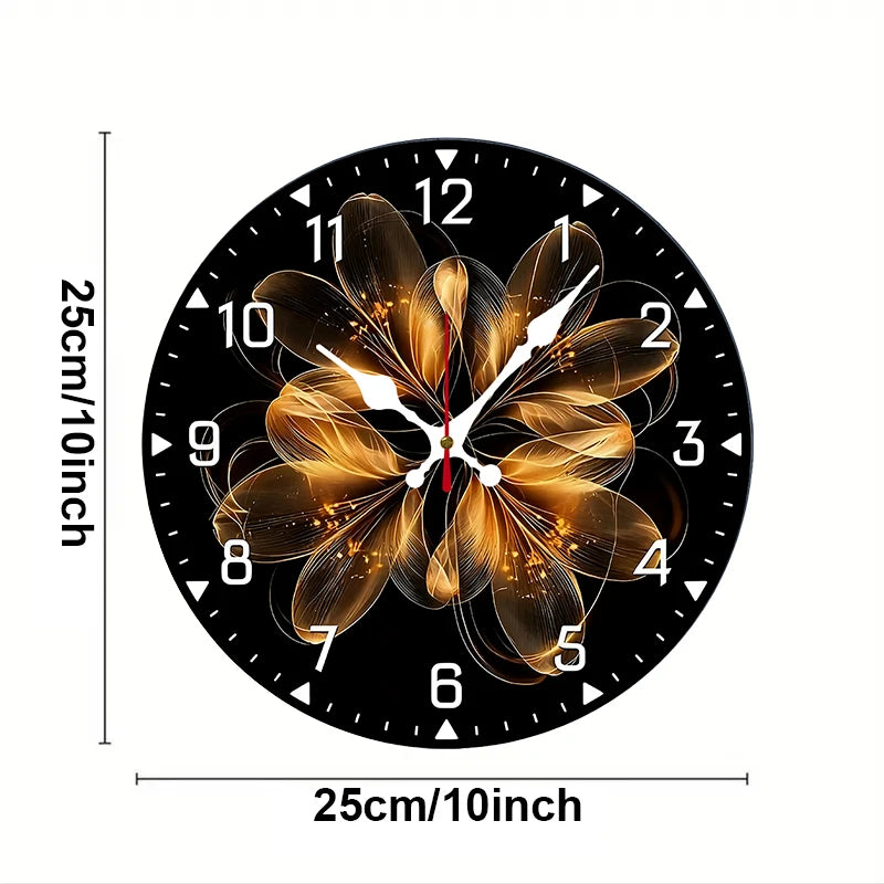 Golden Thread Flower Wooden Round Silent Hanging Wall Clock, Suitable For Living Room,Office,Study Room,Bedroom, Home Decoration