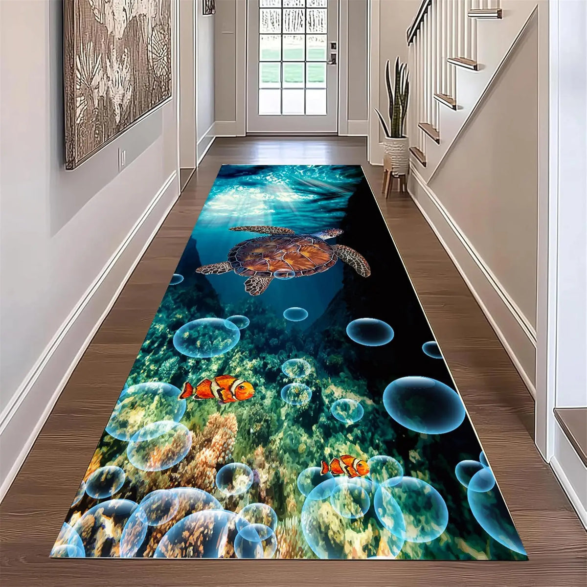 Ocean Theme Runner Rug 3D Vision Coral Reef Fish Starfish Jellyfish Printed Non-Slip Carpet for Hallway Living Room Floor Decor