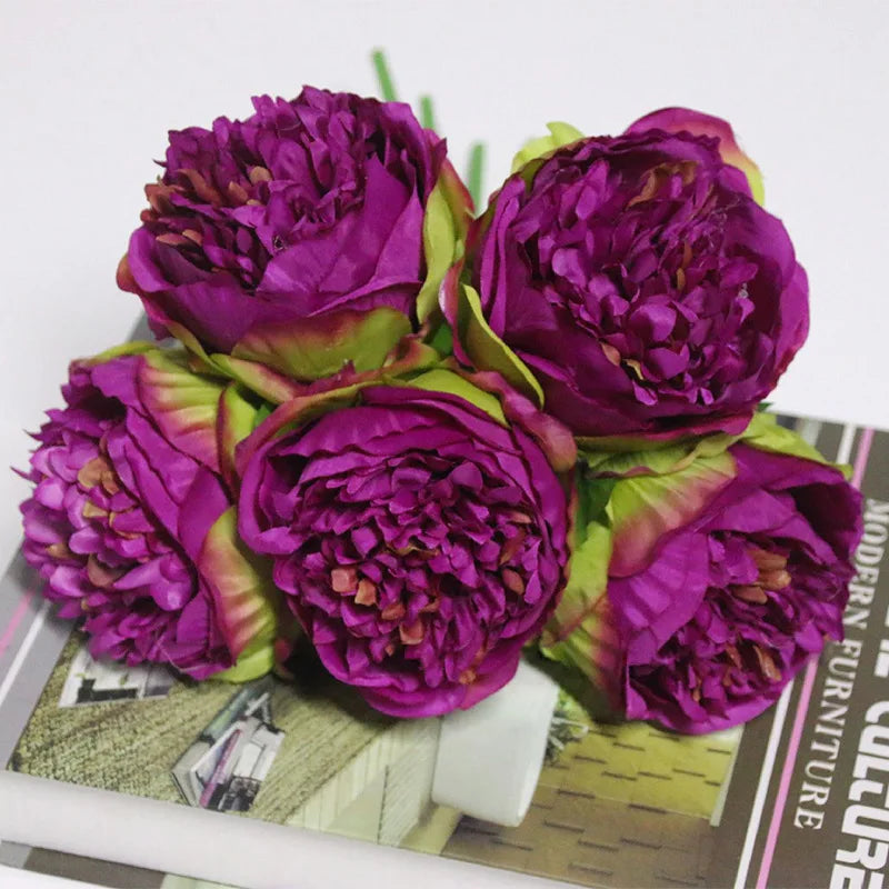 1 Bouquet 5 Heads Artificial Peony Big Silk Flower Leaf Home Garden Office Wedding Party Fake Flowers Festival Bar Decoration