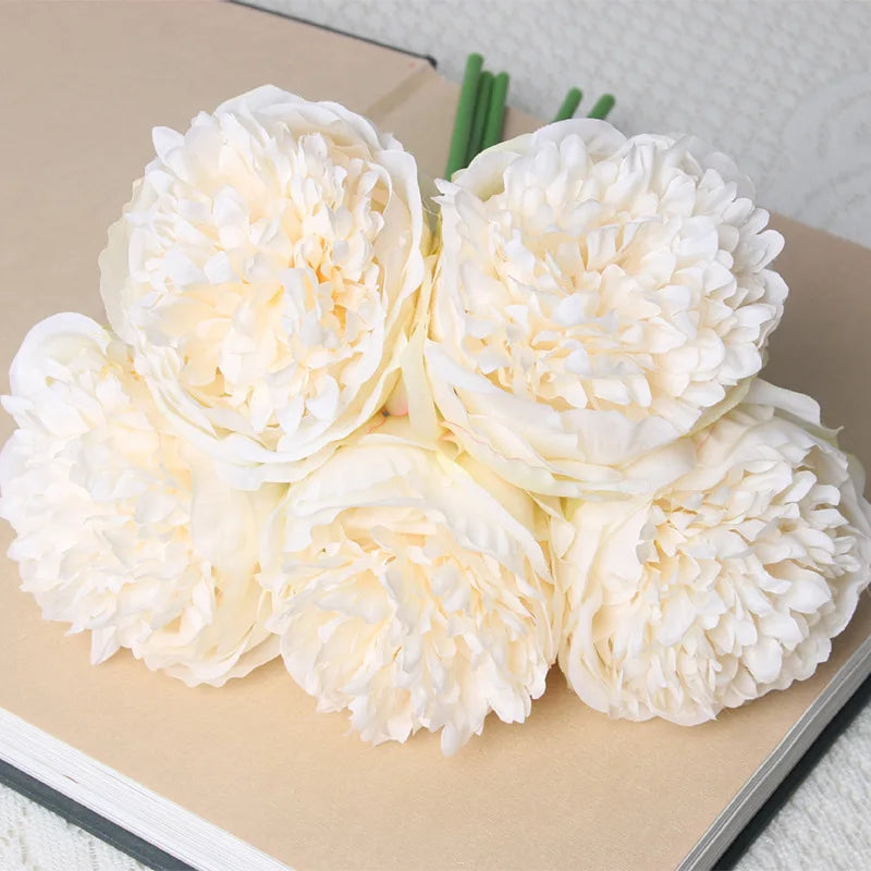 1 Bouquet 5 Heads Artificial Peony Big Silk Flower Leaf Home Garden Office Wedding Party Fake Flowers Festival Bar Decoration