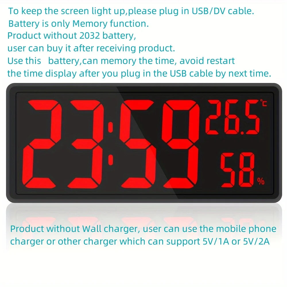 1PC Super Large Screen Wall Mount Clock, Hanging Stand Optional BIG BOWL Clock Living Room LED Digital Clock for Home Decor