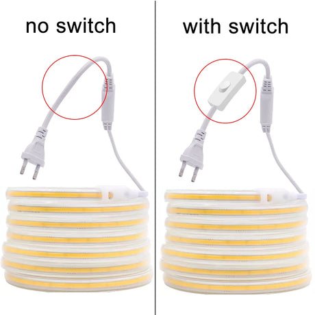 COB LED Strip 220V Switch ON/OFF with EU Plug 220V LED Strip Lights Flexible Lamp Tape for Kitchen Home Room Decor