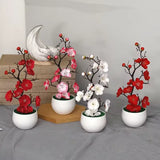 Artificial Plum Blossom Potted Plant, Fake Wintersweet Flower Bonsai for Home Tabletop Decor Chinese Style Floral Ornament