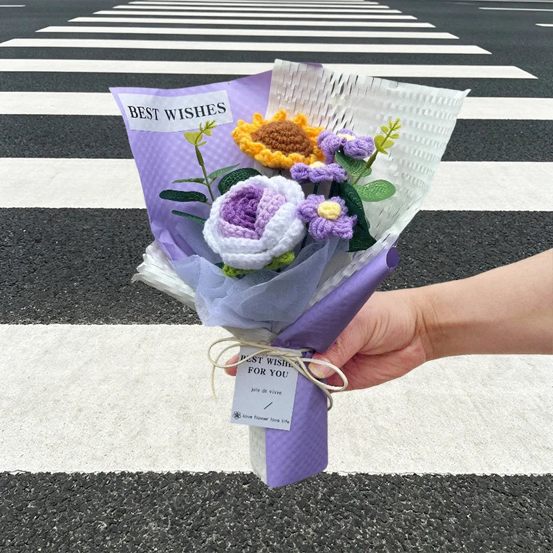 Knitted Flower Bouquet Crochet Rose Flowers Hugging Bucket New Year Gifts Living Room Desk Decoration Mother's Day Gift