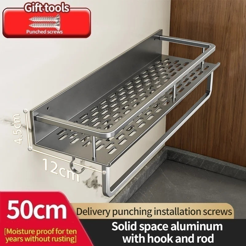 Aluminum Kitchen Shelf Wall Mounted Spice Organizer Rust and Moisture Resistant Bathroom Toiletries Storage Racks