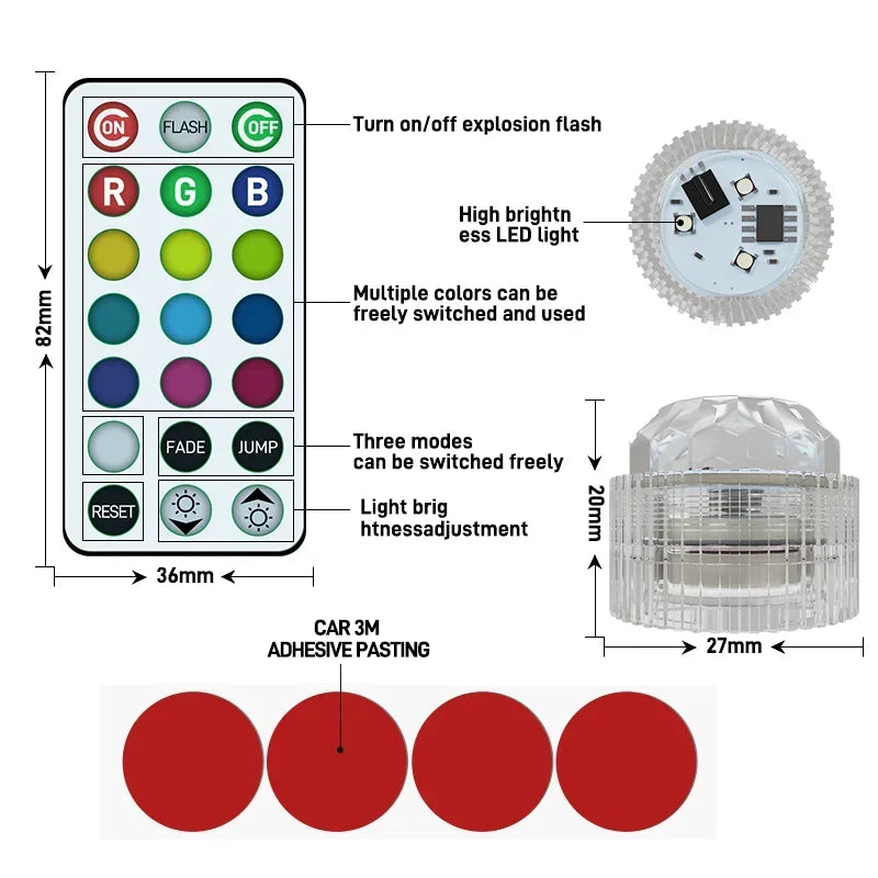 Wireless Adhesive LED Car Interior Ambient Light Remote Control Decor Auto Roof Foot Atmosphere Lamp Bicycle Tail Light