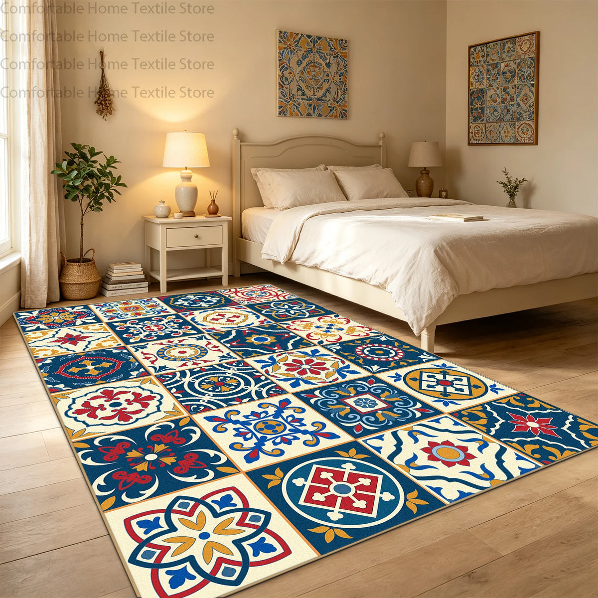 Bohemian Geometric Abstract Style Big Size Rugs for Bedroom Soft Easy Clean Cloakroom Carpet Machine Washable Foldable Patio Mat
