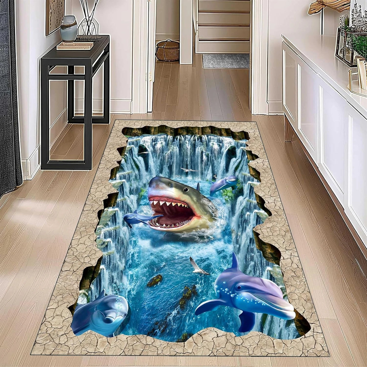 2D Ocean World Long Runner Rug Shark Coral Reef Fish Print Carpet Soft Non-Slip Underwater Adventure Home Decor Hallway Mat
