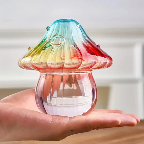 Boho Glass Mushroom Vase - Handcrafted Hydroponic Cylinder Planter for Living & Dining Room, Battery-Free Coffee Shop Decor