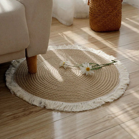 HeMu Round Woven Rugs Handmade Jute Rattan Carpet With Tassel for Bedroom Living Room Vintage Home Decor Floor Mats RoomDoor Mat