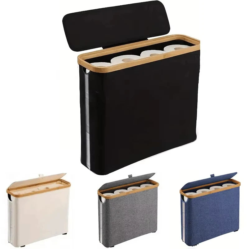 1 Storage Basket, Storage Shelf, Large Paper Holder, 12 Rolls of Toilet Paper, Storage Rack with Lid, Oxford Cloth + Bamboo Stor