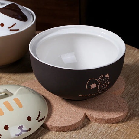 Cartoon Cat Ceramic Instant Noodle Bowl With Lid Underglaze Color Soup Salad Bowl Kitchen Office Student Lunch Box 550ml