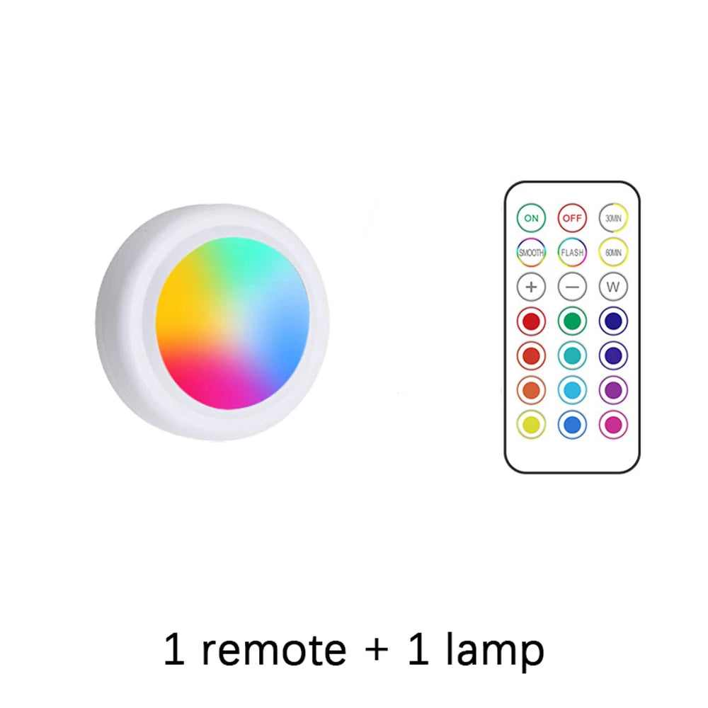 RGB LED Under Cabinet Lights with Remote Control Battery Powered Wireless Dimmable Night Lamp LED Lights for Home Wardrobe Light