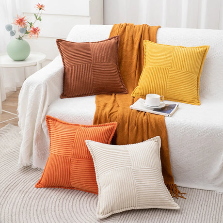 Solid Color Striped Corduroy Pillow Cushion Cover - Minimalist Sofa Backrest Cushion Office Lumbar Support Pillow Case for Nap