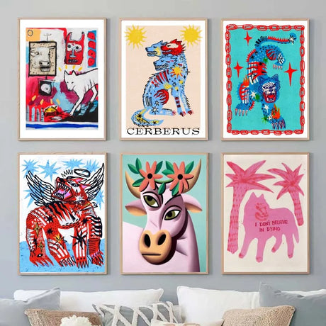 Vintage Abstract Animals Print Posters Mid Century Wall Art Canvas Painting Pictures for Living Room Bedroom Home Decor No Frame